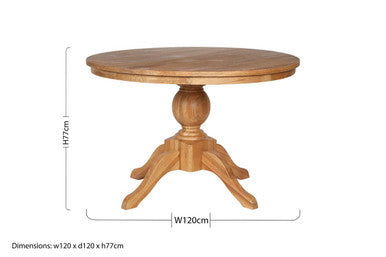 Brown Solid Natural Oak Wood Round Dining Table with Turned Pedestal Base, Lyon