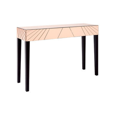 Rose Gold Mirrored Console Table with Sunburst Engraving and Black Legs, Kensington Townhouse