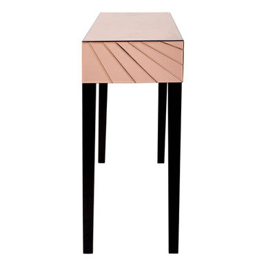Rose Gold Mirrored Console Table with Sunburst Engraving and Black Legs, Kensington Townhouse