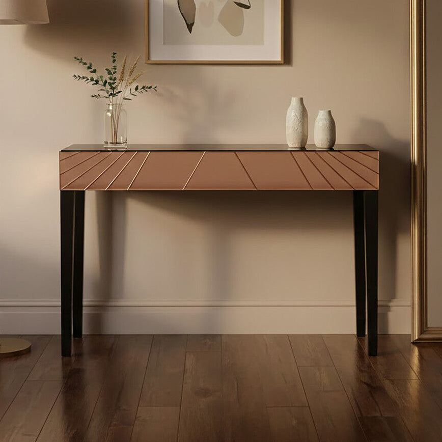 Rose Gold Mirrored Console Table with Sunburst Engraving and Black Legs, Kensington Townhouse