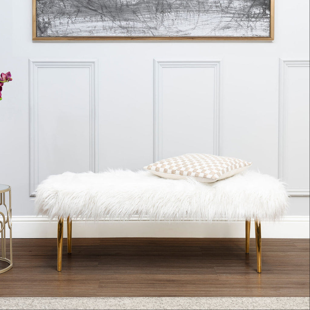 Clarence Gold Faux Fur Bench with Gold Finish Legs