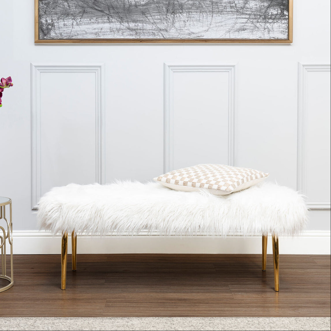 Clarence Gold Faux Fur Bench with Gold Finish Legs
