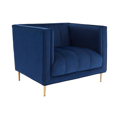 Otylia Deep Blue Velvet Armchair with Gold Finish Metal Legs