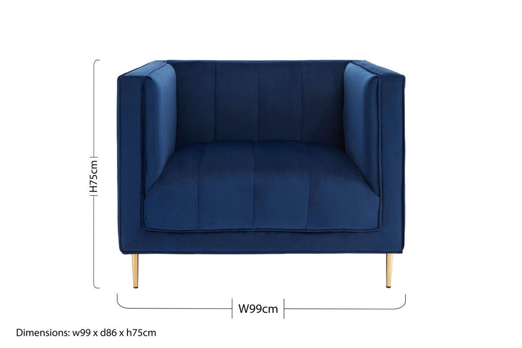 Otylia Deep Blue Velvet Armchair with Gold Finish Metal Legs