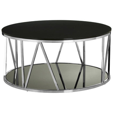 Round Chrome Finish Stainless Steel Base Coffee Table with Black Tempered Glass Top, Alvaro