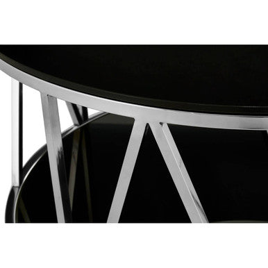 Round Chrome Finish Stainless Steel Base Coffee Table with Black Tempered Glass Top, Alvaro