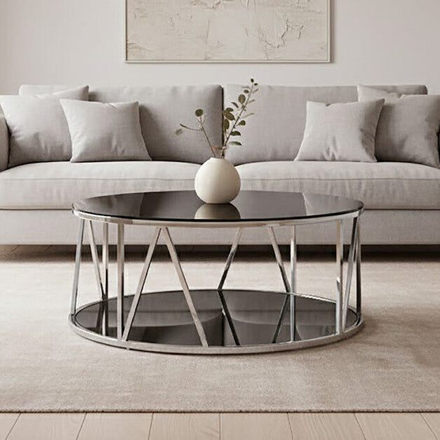 Round Chrome Finish Stainless Steel Base Coffee Table with Black Tempered Glass Top, Alvaro