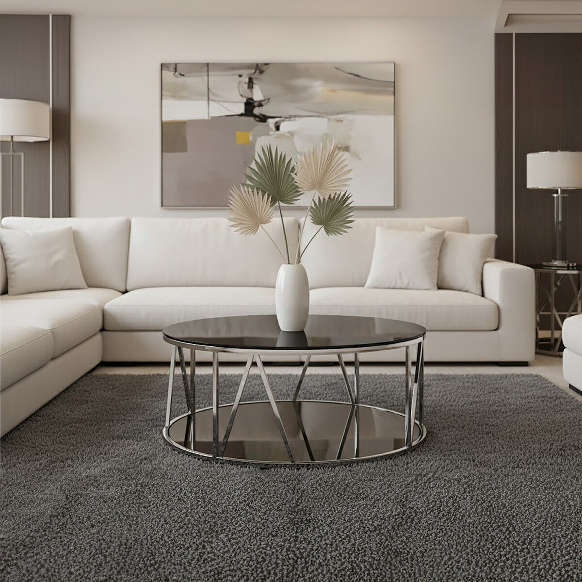 Round Chrome Finish Stainless Steel Base Coffee Table with Black Tempered Glass Top, Alvaro