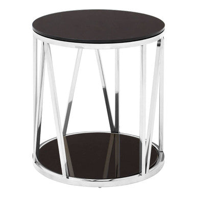 Black Tempered Glass Round Side Table with Chrome Reflective Stainless Steel Base, Alvaro