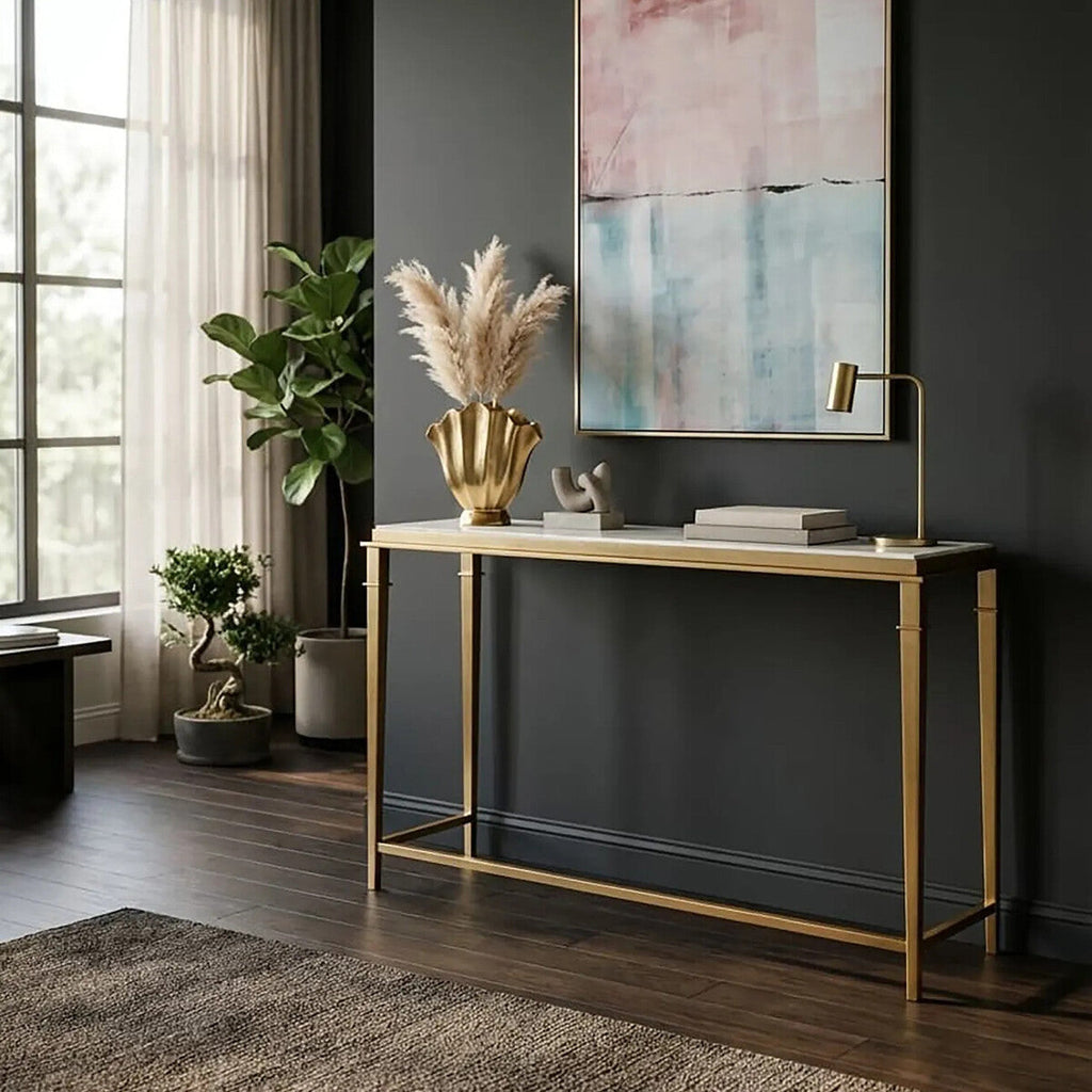 Alvaro Gold Stainless Steel Console Table with White Marble Top