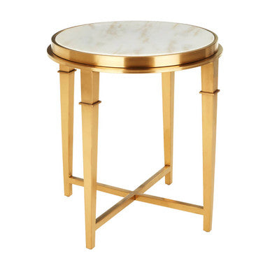 Round White Marble Top Side Table with Warm Gold Finish Stainless Steel Frame, Alvaro