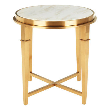 Round White Marble Top Side Table with Warm Gold Finish Stainless Steel Frame, Alvaro