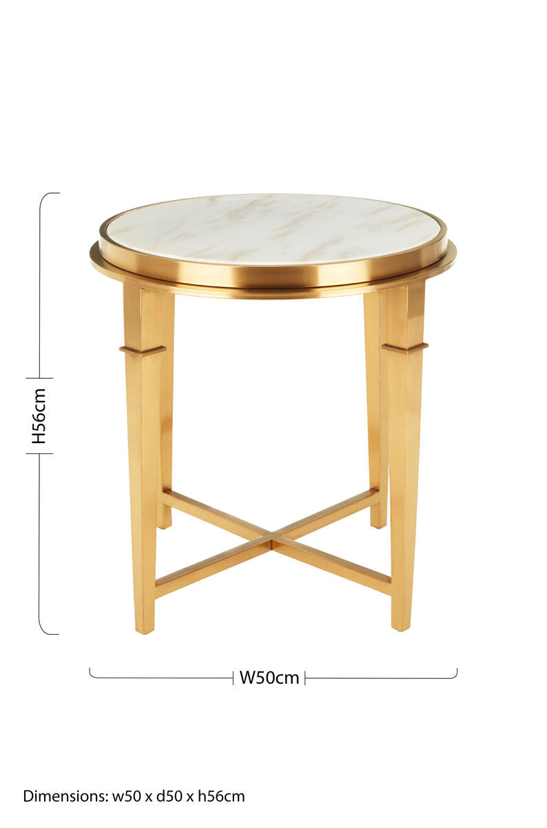 Round White Marble Top Side Table with Warm Gold Finish Stainless Steel Frame, Alvaro