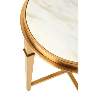 Round White Marble Top Side Table with Warm Gold Finish Stainless Steel Frame, Alvaro