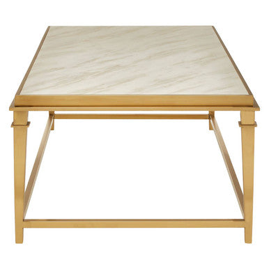 Rectangular White Marble Coffee Table with Warm Gold Stainless Steel Frame, Alvaro