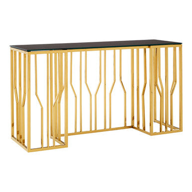 Gold Stainless Steel Frame Console Table with Black Tempered Glass Top, Alvaro