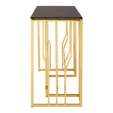 Gold Stainless Steel Frame Console Table with Black Tempered Glass Top, Alvaro