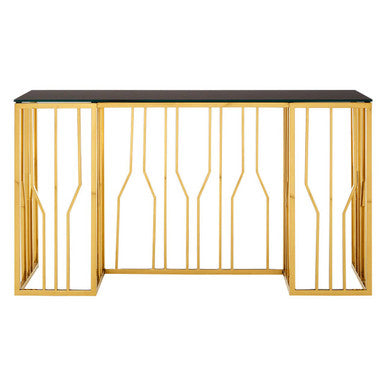 Gold Stainless Steel Frame Console Table with Black Tempered Glass Top, Alvaro