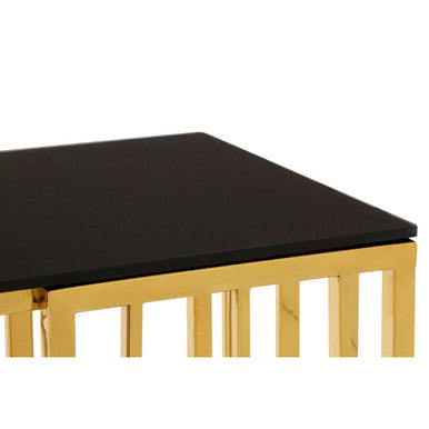 Gold Stainless Steel Frame Console Table with Black Tempered Glass Top, Alvaro