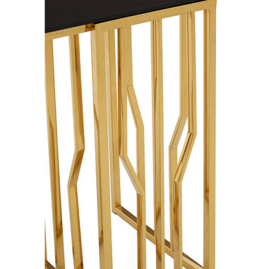 Gold Stainless Steel Frame Console Table with Black Tempered Glass Top, Alvaro