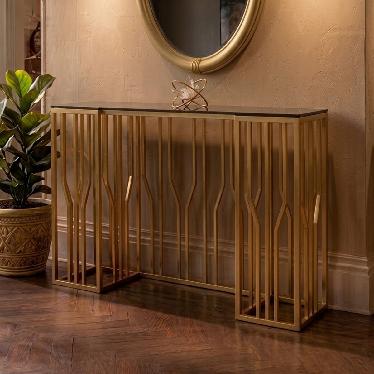 Alvaro Gold Stainless Steel Console Table with Black Glass Top