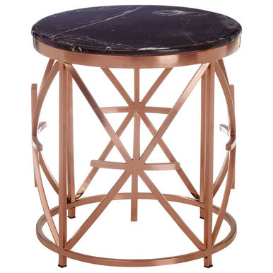 Rose Gold Finish Stainless Steel Frame Side Table with Black Marble Top, Alvaro