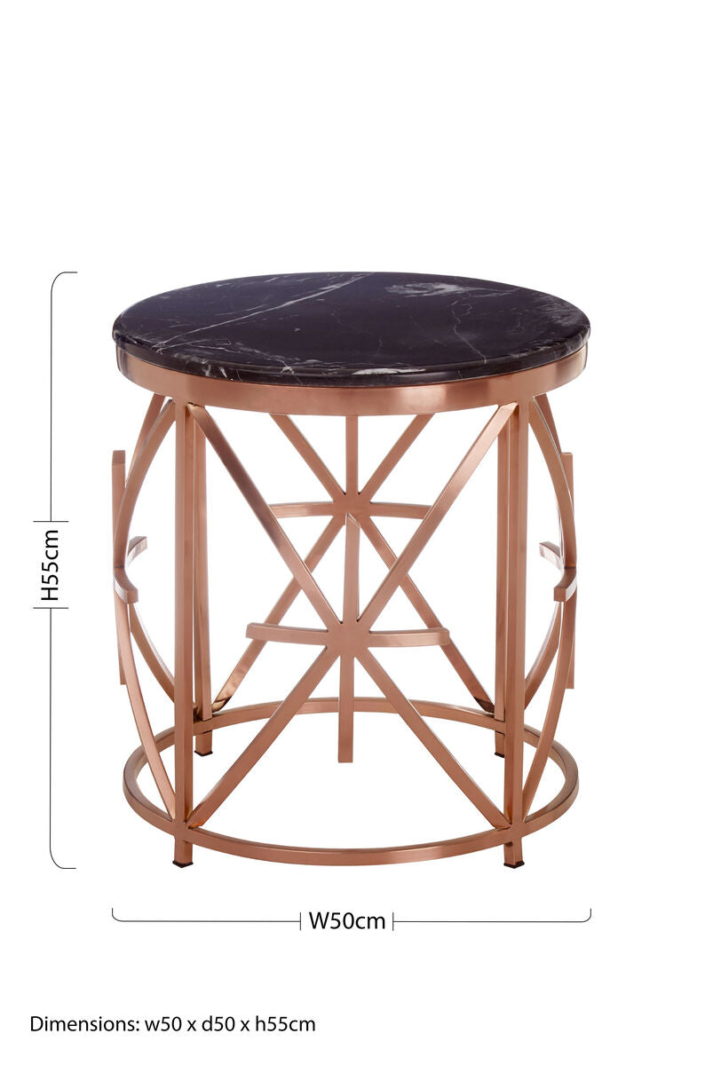 Rose Gold Finish Stainless Steel Frame Side Table with Black Marble Top, Alvaro