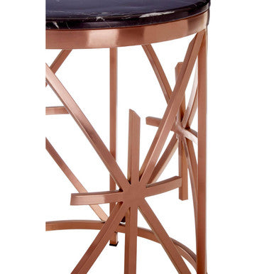 Rose Gold Finish Stainless Steel Frame Side Table with Black Marble Top, Alvaro