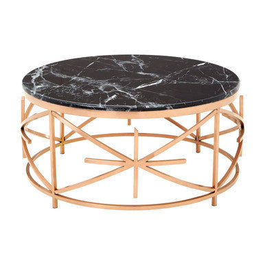 Rose Gold Finish Stainless Steel Frame Coffee Table with Black Marble Top, Alvaro