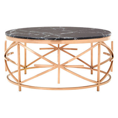 Rose Gold Finish Stainless Steel Frame Coffee Table with Black Marble Top, Alvaro