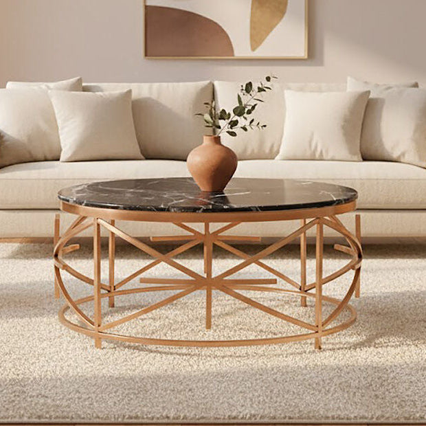 Rose Gold Finish Stainless Steel Frame Coffee Table with Black Marble Top, Alvaro