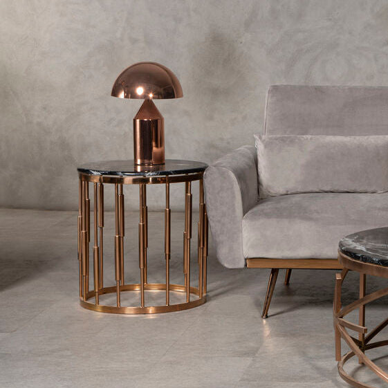 Alvaro Black Marble Round Side Table with Rose Gold Base