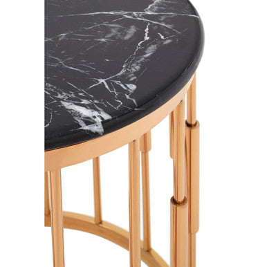 Round Rose Gold Copper Finish Frame Side Table with Black Marble Top, Alvaro