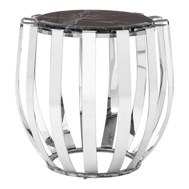Black Marble Top Side Table Chrome Stainless Steel Barrel Frame, Alvaro