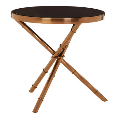 Alvaro Rose Gold Iron Side Table with Black Glass Top and Ring Detail
