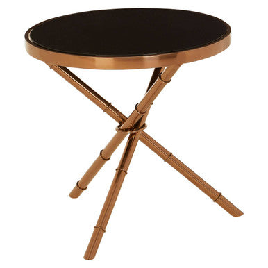 Alvaro Rose Gold Iron Side Table with Black Glass Top and Ring Detail