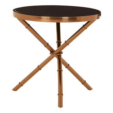 Alvaro Rose Gold Iron Side Table with Black Glass Top and Ring Detail