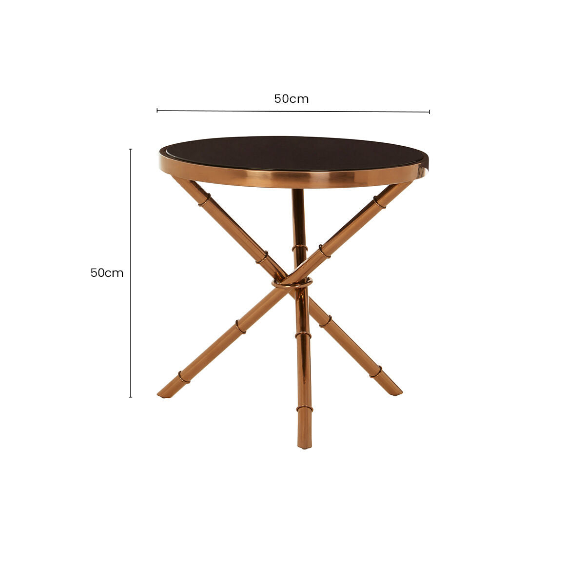 Alvaro Rose Gold Iron Side Table with Black Glass Top and Ring Detail