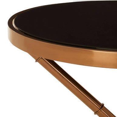 Alvaro Rose Gold Iron Side Table with Black Glass Top and Ring Detail