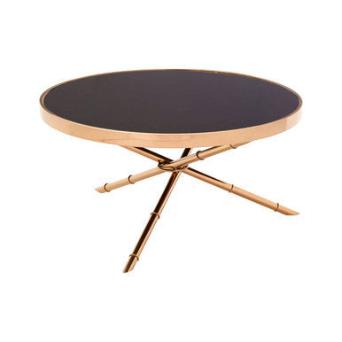 Alvaro Rose Gold Iron Coffee Table with Black Glass Top and Ring Detail