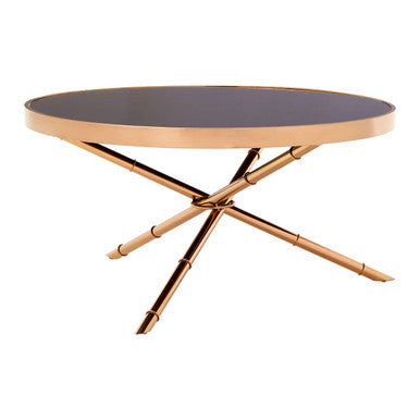 Alvaro Rose Gold Iron Coffee Table with Black Glass Top and Ring Detail