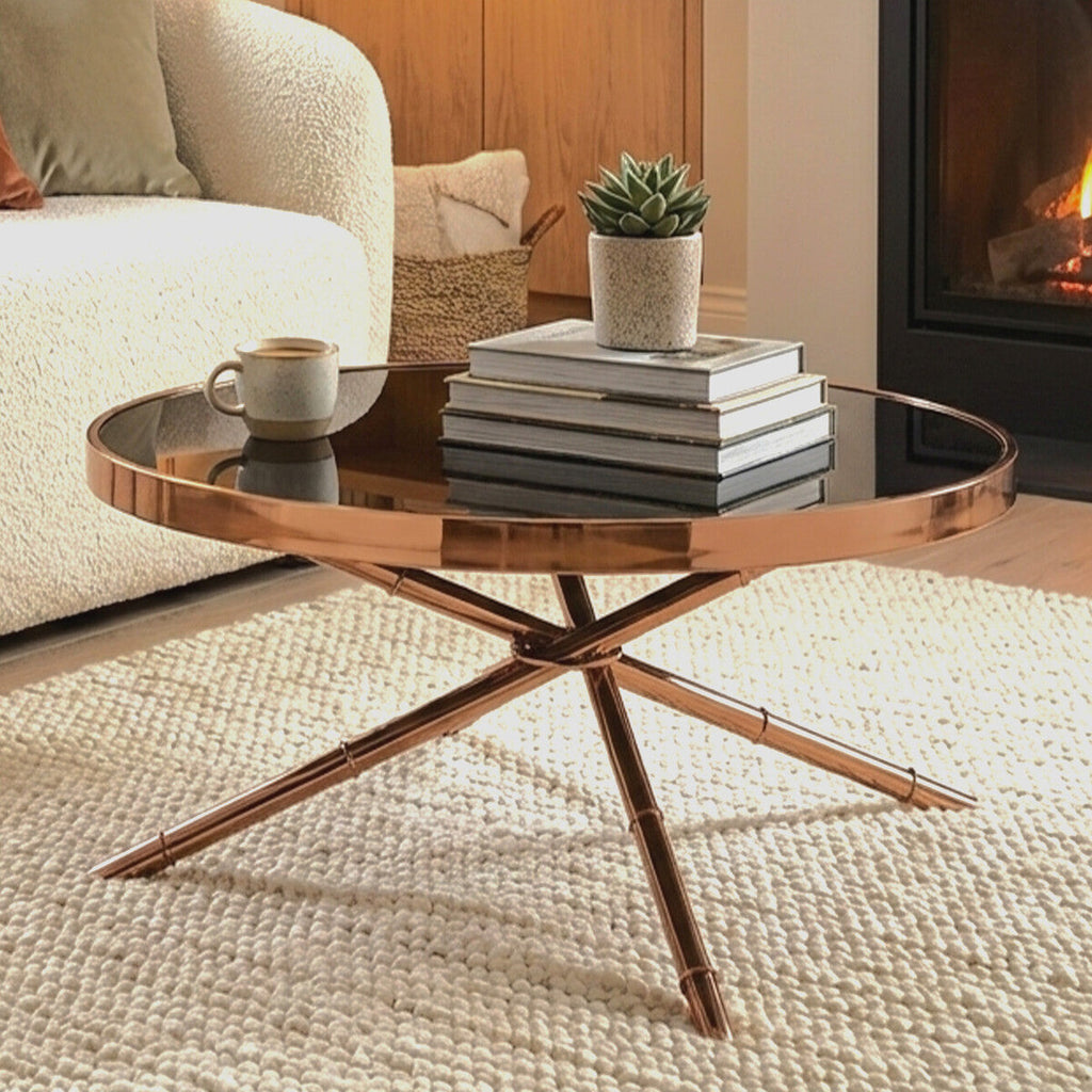 Alvaro Rose Gold Iron Coffee Table with Black Glass Top and Ring Detail