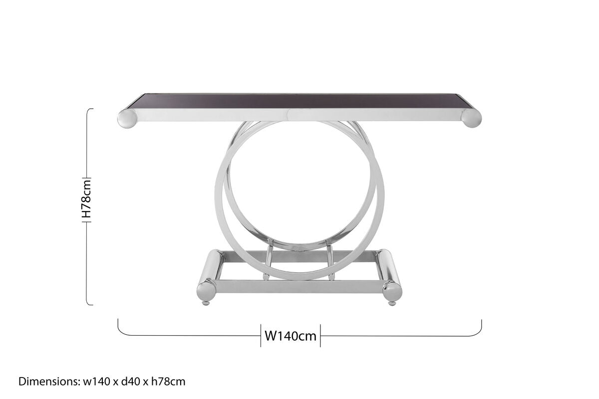 Black Tempered Glass Top Console Table with Polished Stainless Steel Frame, Novara