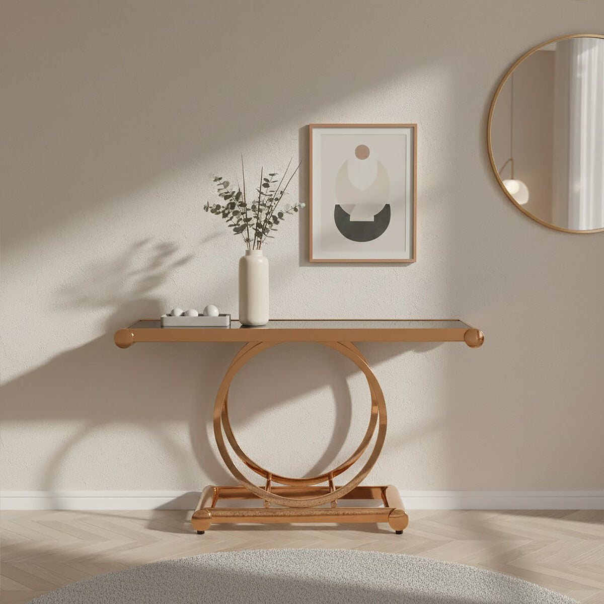 Black Tempered Glass Top with Rose Gold Stainless Steel Frame with Rounded Corners, Novara