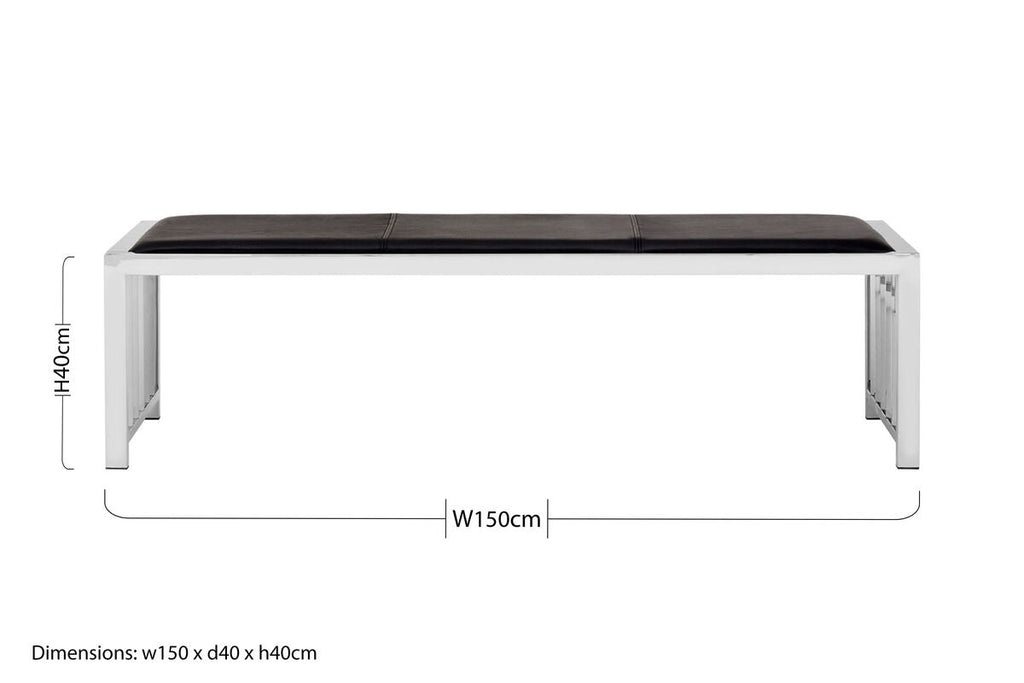 Novara Black Genuine Leather Bench with Stainless Steel Frame
