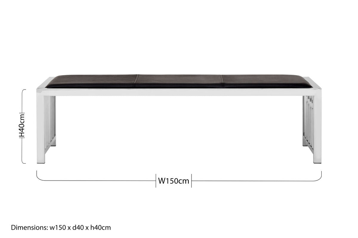 Novara Black Genuine Leather Bench with Stainless Steel Frame