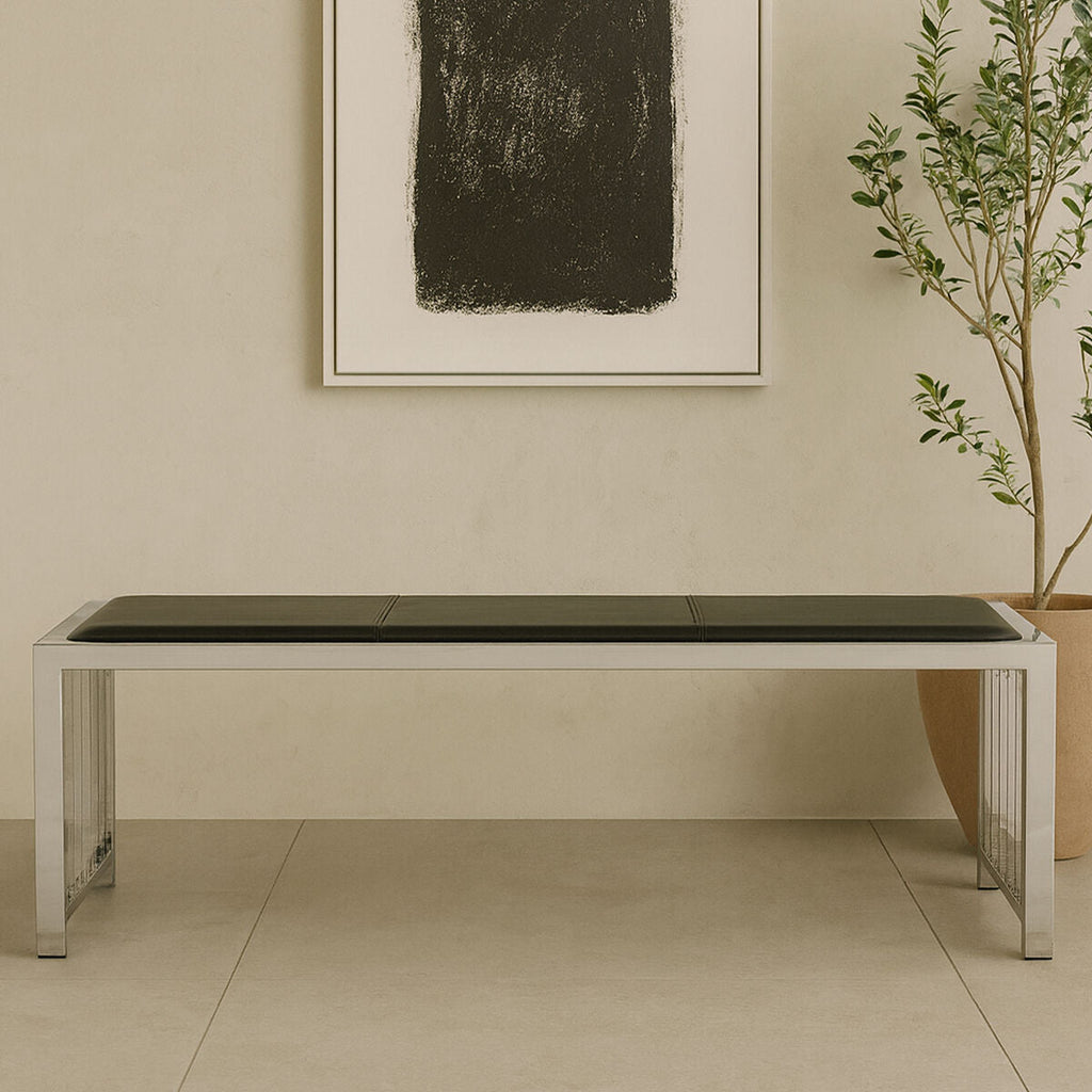 Novara Black Genuine Leather Bench with Stainless Steel Frame