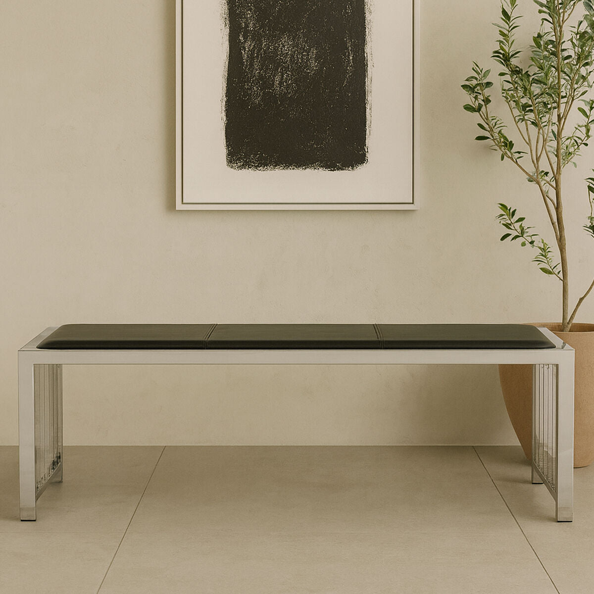 Novara Black Genuine Leather Bench with Stainless Steel Frame