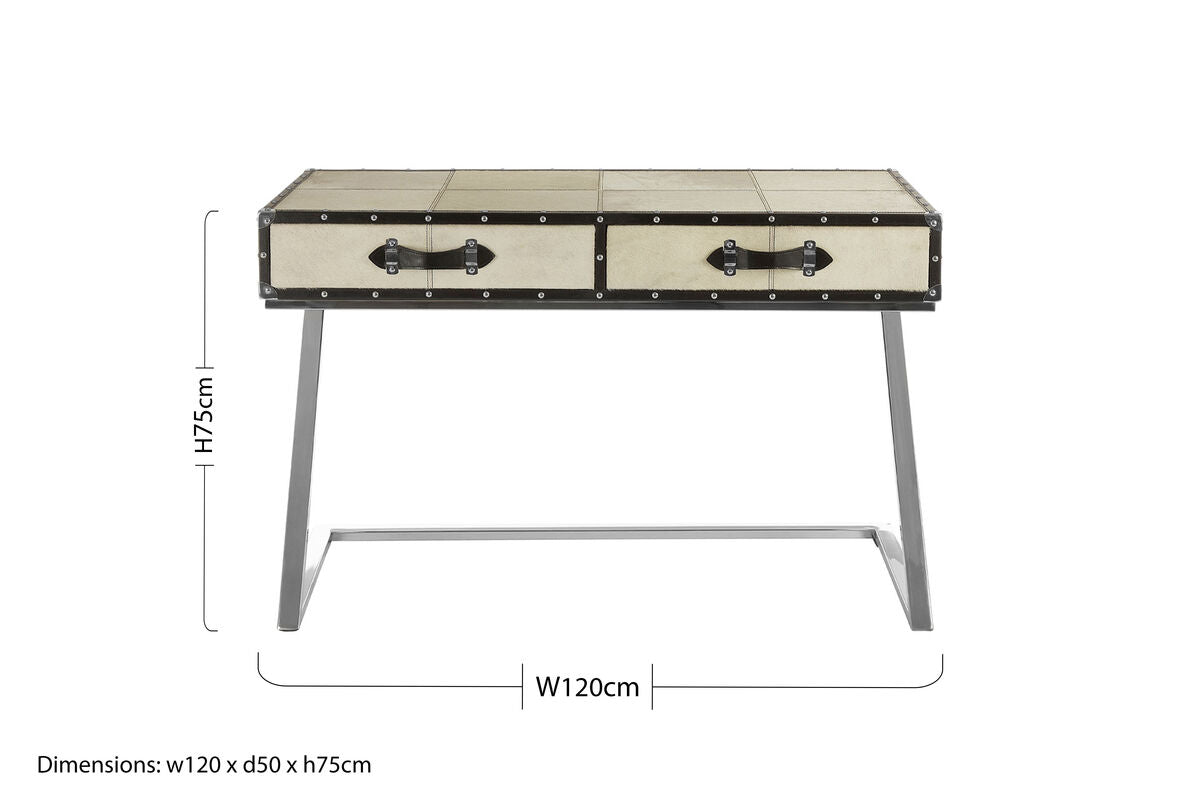 Hair-On-Leather Mango Wood Two-Drawer Console Table with Polished Stainless Steel Legs, Kensington Townhouse