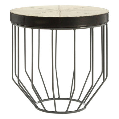 Tall Iron Side Table with Genuine Leather and Mango Wood Top, Kensington Townhouse